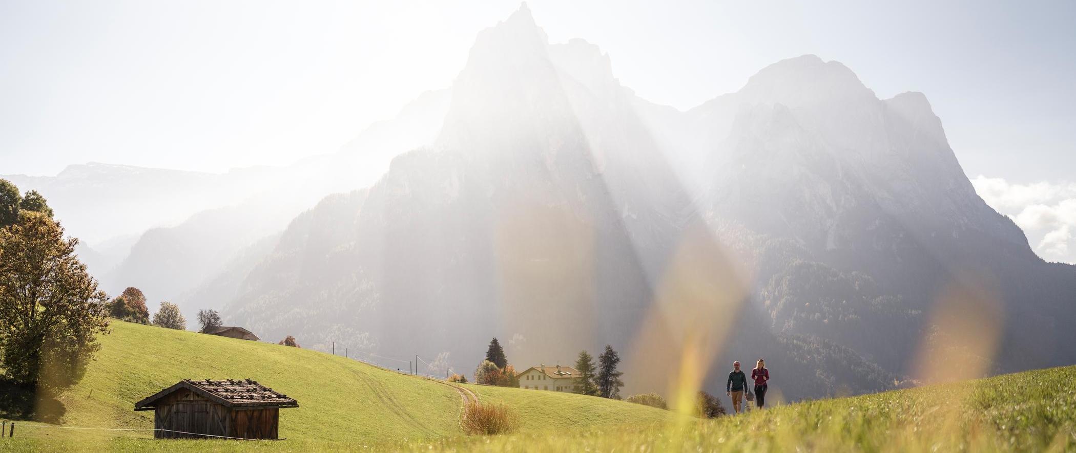Hikers on a green mountain meadow in Castelrotto against the striking silhouette of the Schlern in bright sunlight.